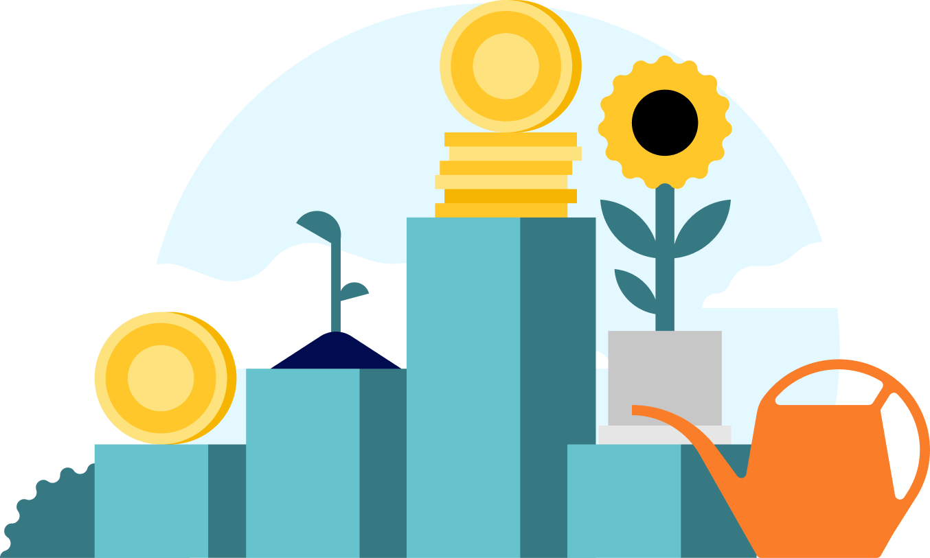 A bar chart with plants growing, watering can, and coins around it.