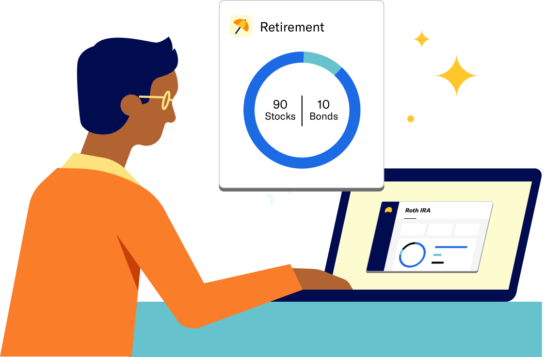 Man with laptop showing Roth IRA dashboard