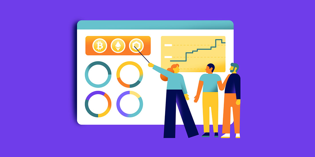 teacher pointing to board with crypto assets and charts on it teaching two other individuals