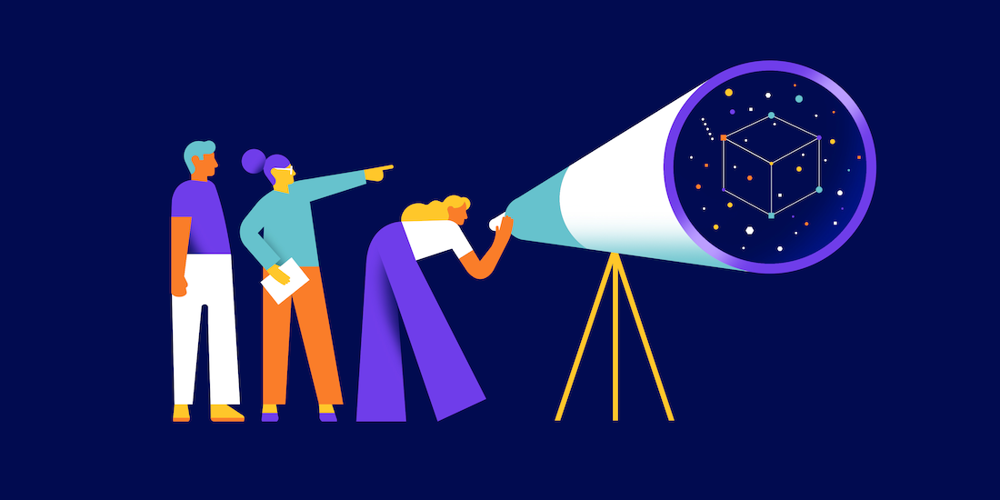 illustration of people looking through telescope