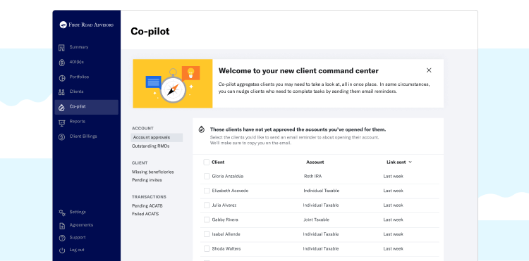 Betterment's advisor summary dashboard screen.