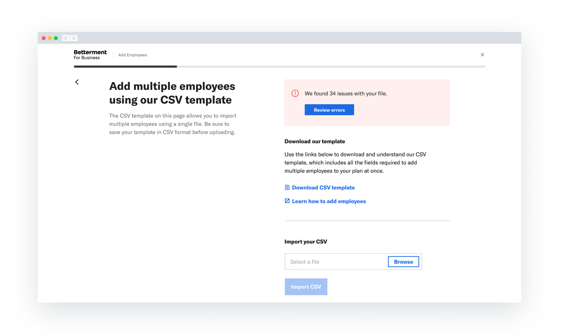 The second step of the Multiple Employee Upload flow. A red flash error is present at the top of the screen. A Review Errors button is present.